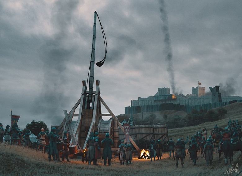 A digital image showing soldiers gathered around a the War Wolf, an enormous catapult which has just fired at Stirling Castle. A fire is burning within the castle and black smoke is creating a flume into the sky. 