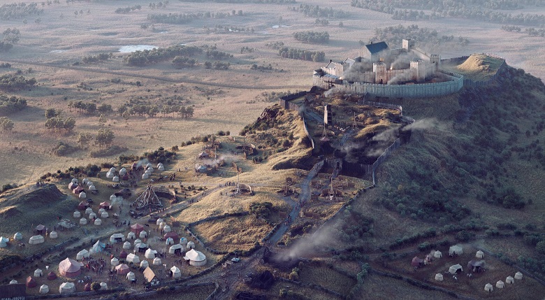 A digital reconstruction showing a rather modest Stirling Castle at the top of a rocky hill. At the bottom of the hill colourful tents make up a large camp. Large catapults including the notorious war wolf can be seen close to the camp.