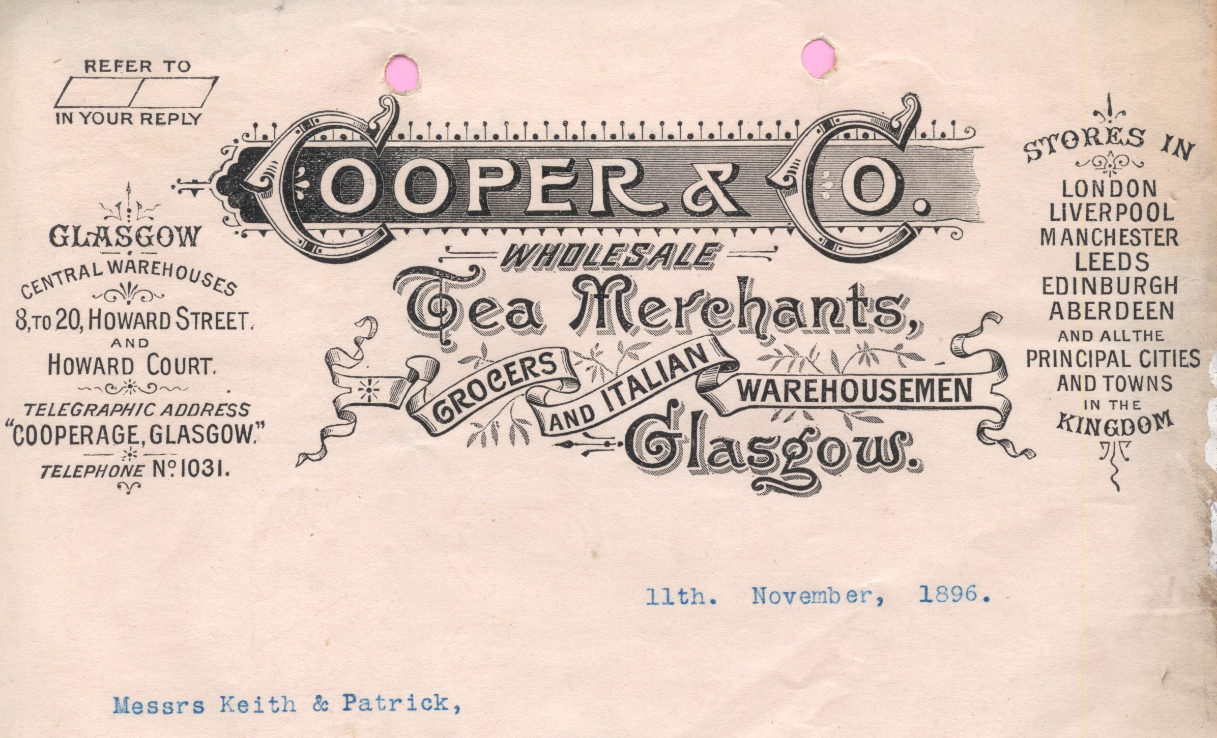 An archive photo of a letter head which reads: Cooper and Co, Wholesale, tea merchants, grocers and Italian warehousemen - Glasgow