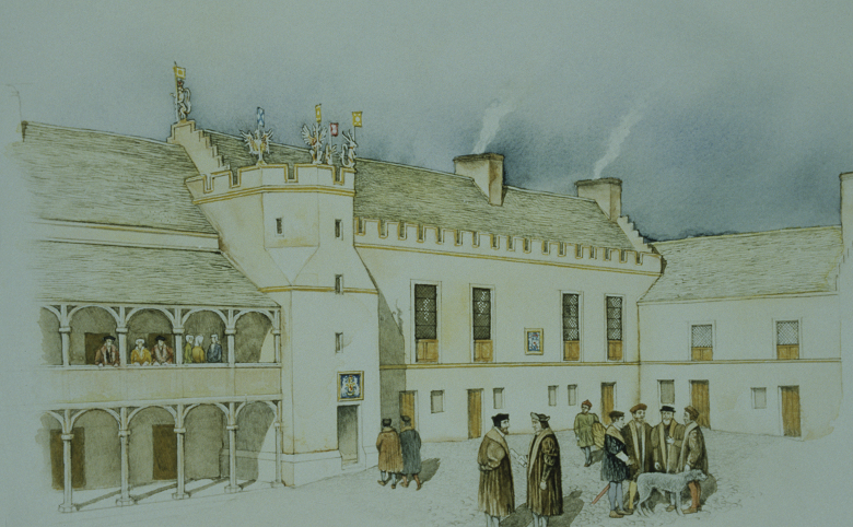 A illustration of well-dressed medieval figures milling around a castle courtyard in front of an ornate palace topped with carvings of unicorns. A group of ladies are standing on a gallery at the front of the building.