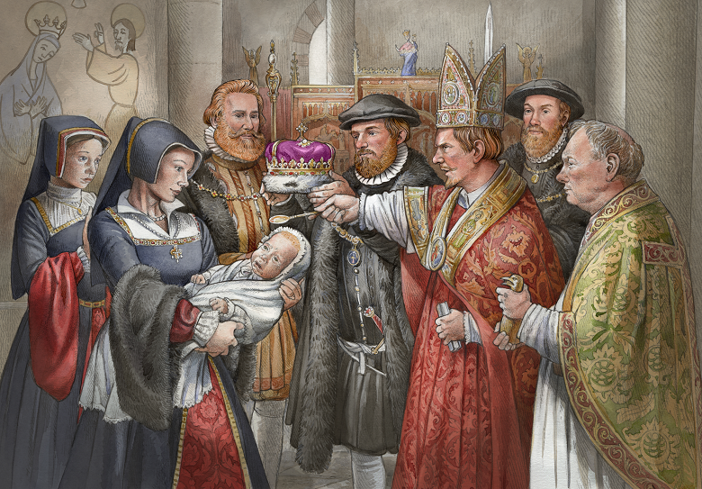 An illustration of a historic coronation ceremony. A purple and gold crown is being placed on a baby girl's head while she is anointed with holy water by an Archbishop. 
