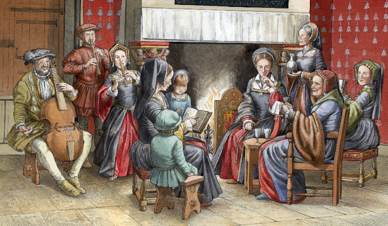 An illustration of music being played around a fire at Stirling Castle in centuries gone by. Children are included in the scene, one whom appears to be being taught to read.