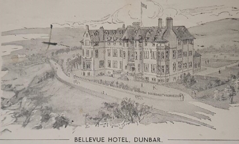 A postcard featuring a sketch of the Belle-Vue. Visitors are milling about in front of the hotel and in its gardens, a large flag flies from a pole above the building. 