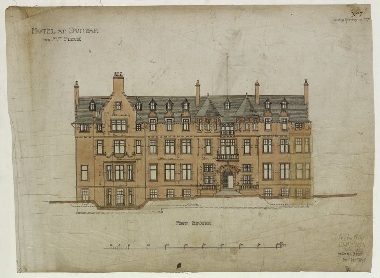 Architect's plans showing the front of a large hotel with around 5 storeys and a gramd entrance flanked by curved towers.