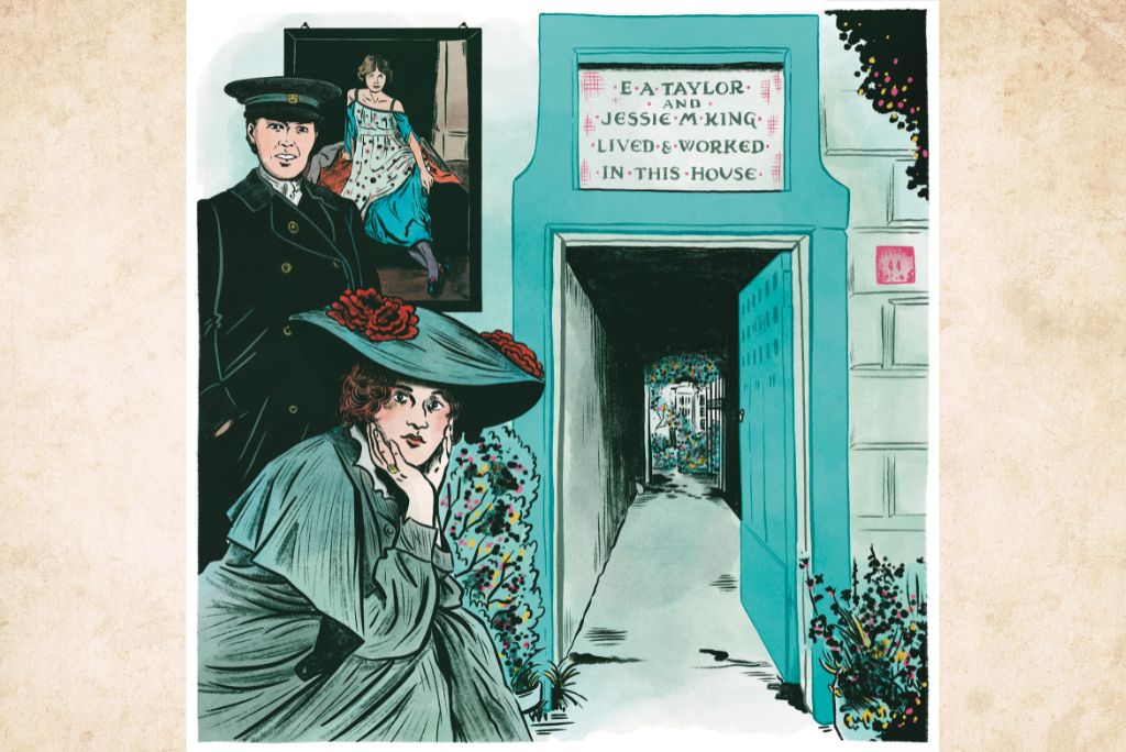 An illustration showing a woman sitting in front of the entrance to a close. She's wearing a hat with a floppy brim and a dress with a short cape around the shoulders. Behind her is a person wearing a chauffeur's uniform. A plaque above the door of the close reads: E A Taylor and Jessie M King lived and worked in this house.