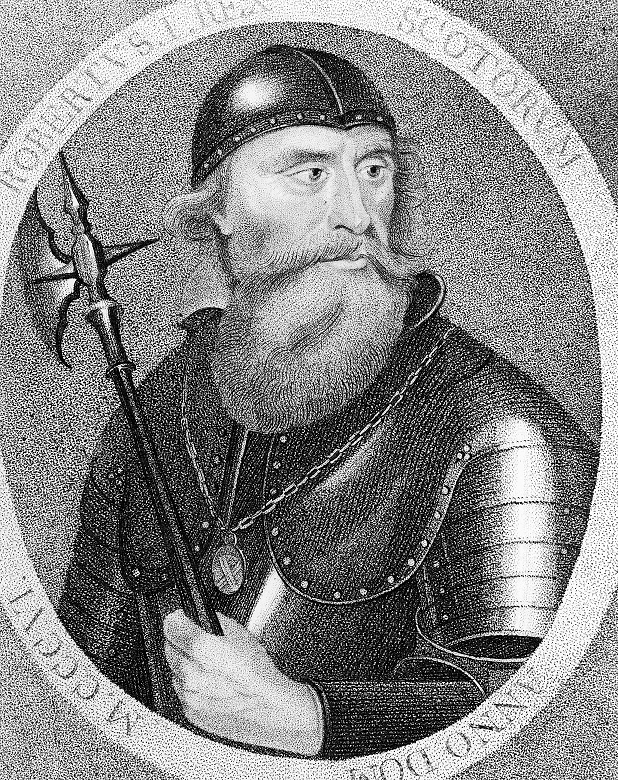 A drawing of Robert the Bruce depicted with a beard and quite a prominent nose. He wears plain armour and carries a battle axe. 