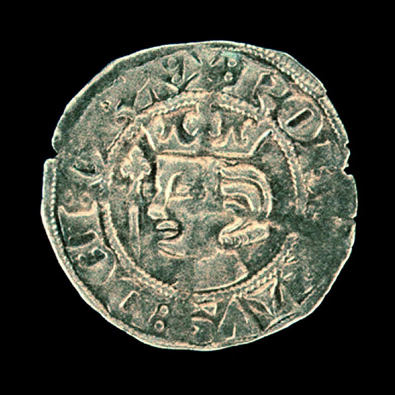 A historic coin featuring a depiction of Robert the Bruce wearing a crown