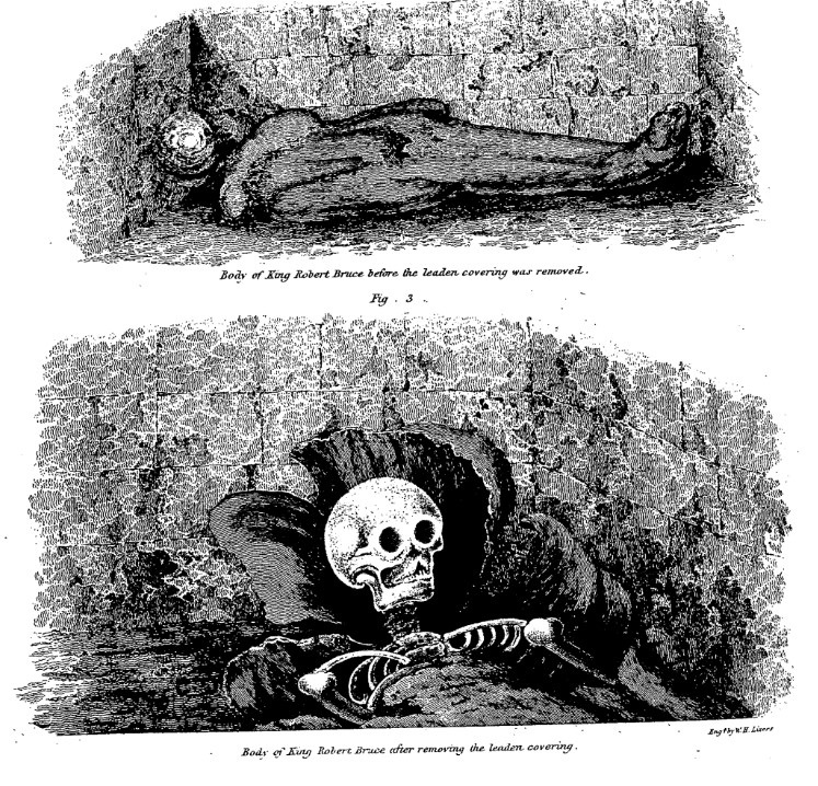 A black and white illustration showing an open tomb with a skeleton inside 