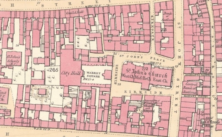 Part of a map showing the location of Perth City Hall in 1860. It is surrounded on all sides by narrow streets and tightly packed buildings. 