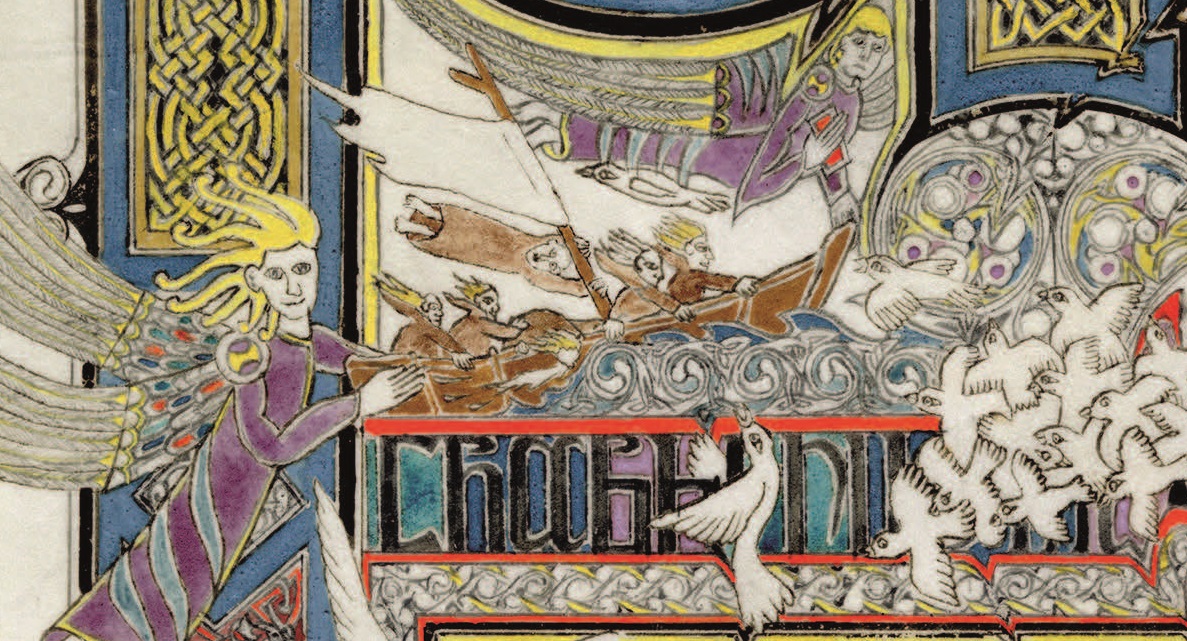 A snippet from a larger artwork showing a boat full of monks sailing over choppy waters, guided by two winged and robed figure, perhaps angels. The ship's course seems perilous, with one monk dramatically clinging onto the mast to avoid being thrown overboard.