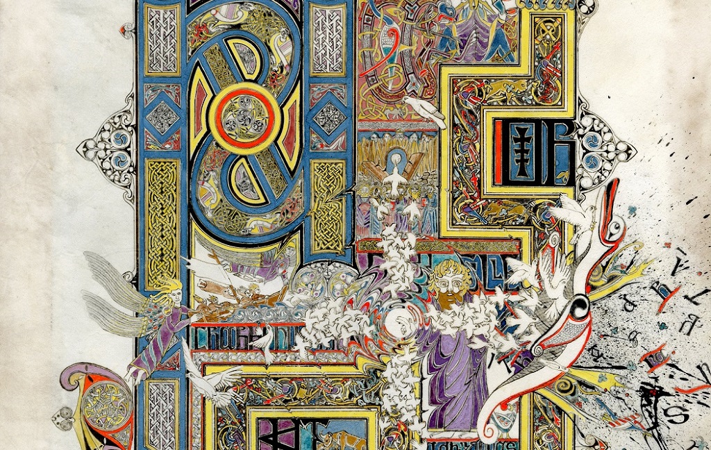 A close-up of a colourful artwork in a Celtic style depicting scenes from myths featuring St Columba