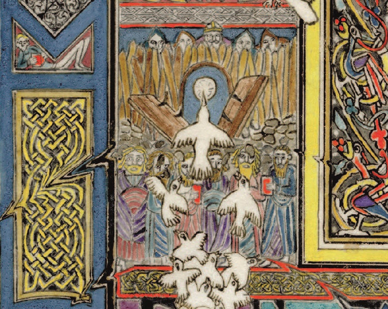 A snippet from a larger artwork showing heavy wooden fortress gates splitting open while St Columba and other monks look on. Again, extensive dove imagery is used, with doves appearing to fly into the fortress. 