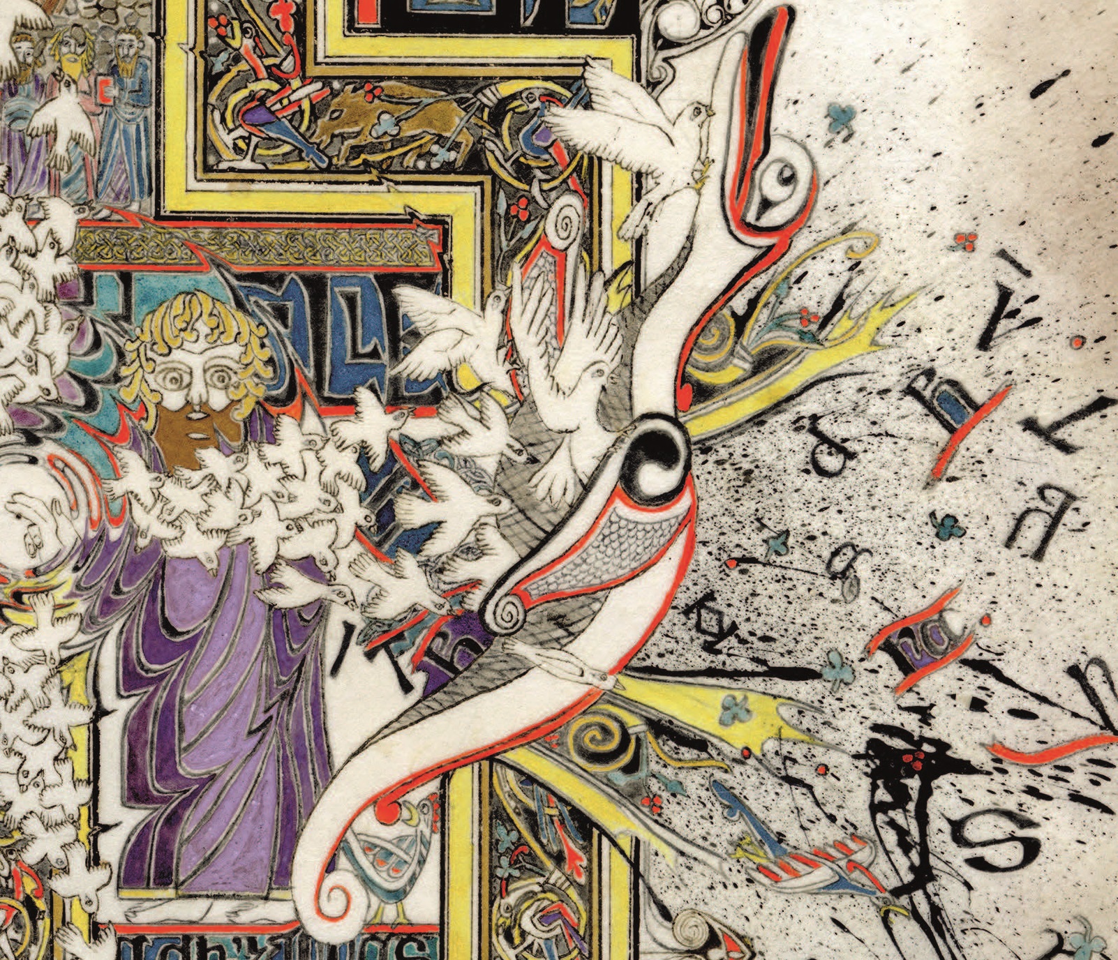 A snippet of a larger artwork in a Celtic, monastic style showing St Columba, wearing purple robes, banishing a large red and black sea beast. Doves seem to be flying from Columba's arms into the beast, which appears to shatter into many pieces. 