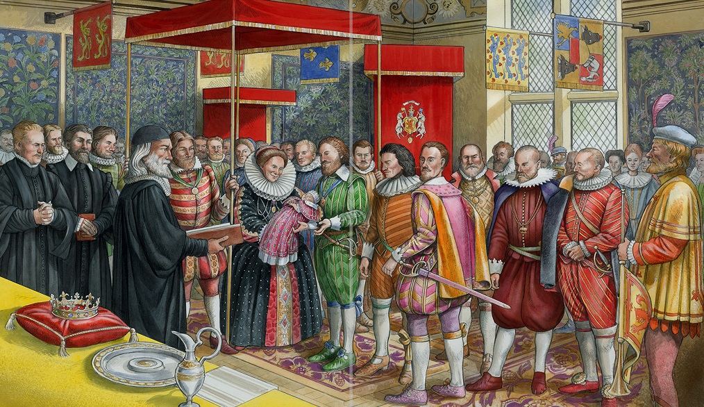 An illustration of the baptism showing the baby Henrey being baptized in a circle of ambassadors.