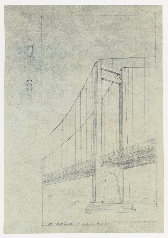 An architect's sketch of a tower supporting the cables of a suspension bridge. 