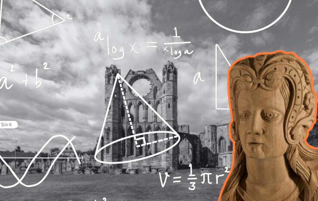 A parody of the famous "maths lady" meme where a woman with a puzzled expression on her face is surrounded by mathematical equations, symbolic of the workings of her mind. In this case, the woman is a Renaissance carving and the image behind her is a ruined medieval cathedral. Mathematical and geometrical scribblings are over the background.