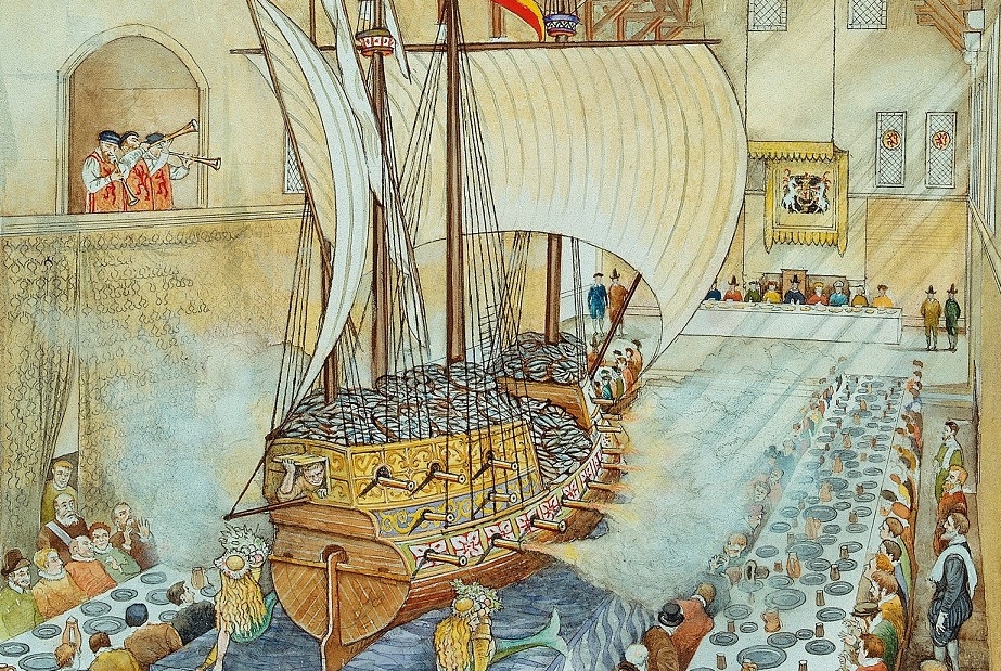 Crop of the illustration of the ship banquet at Stirling Castle.