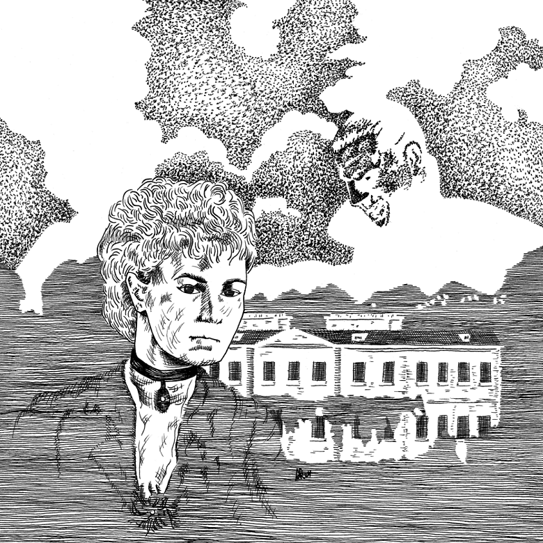 A linework illustration showing an artist's impression of Emily Gerard in front of the house in which she was born. In the background there are dramatic clouds and the shape of a vampire's head appearing out of the mist. 