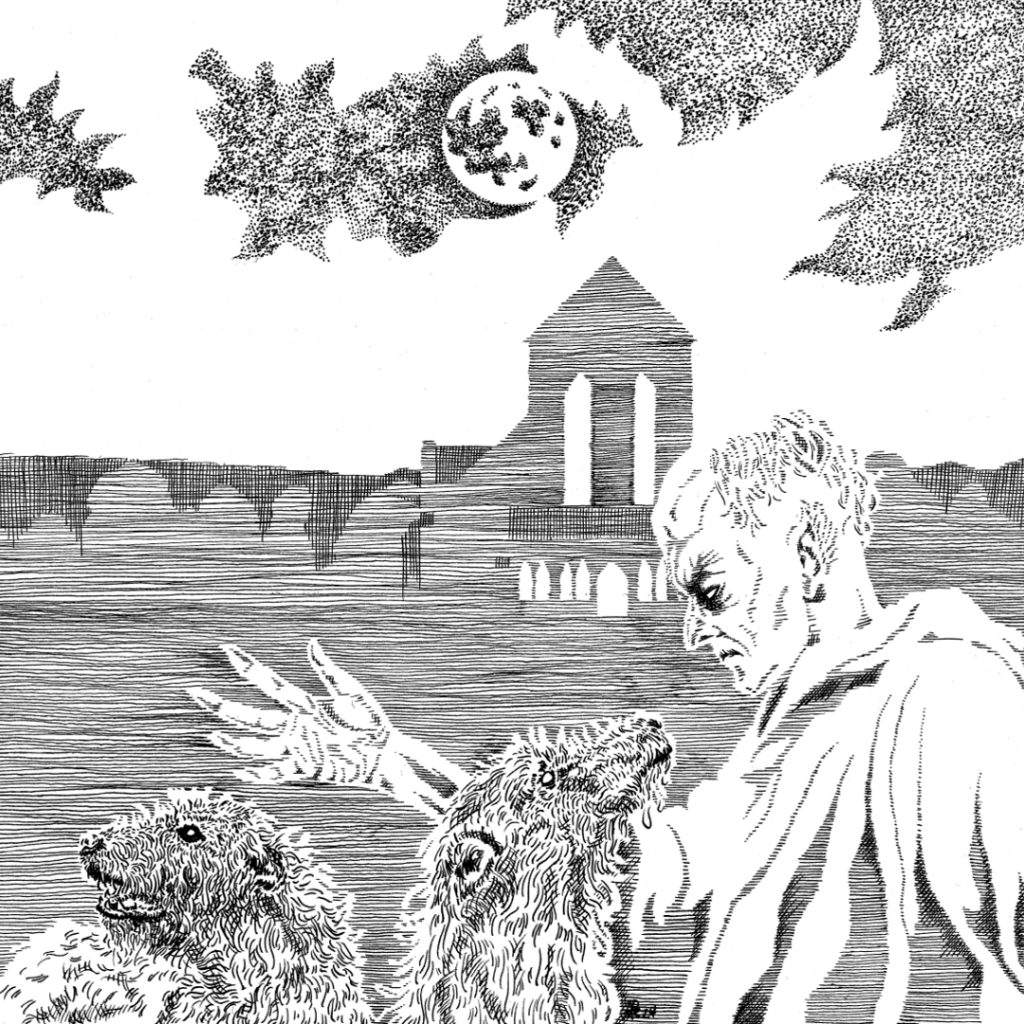 A line drawing showing a frightening looking man in the foreground. He stands in profile. He has a sharp nose and pointed, hairy hears. He reaches out a claw-like hand to two large hunting dogs. Behind him, the abbey is silhouetted in the moonlight.