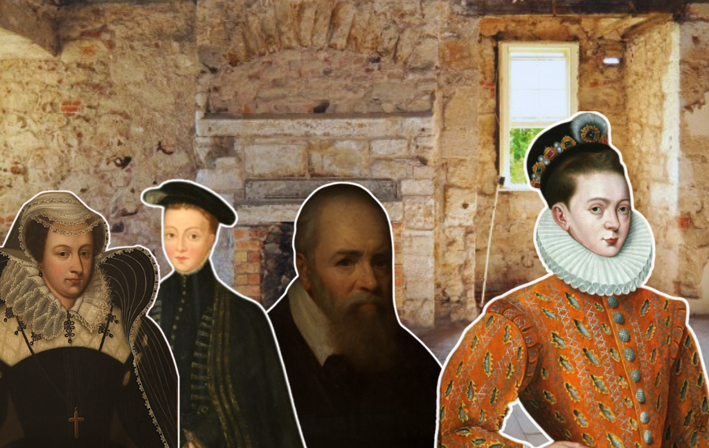 A photo of a fireplace at Stirling Castle and archive images of James VI as a child, Mary Queen of Scots, Lord Darnley and Buchanan who tutored the young James VI.