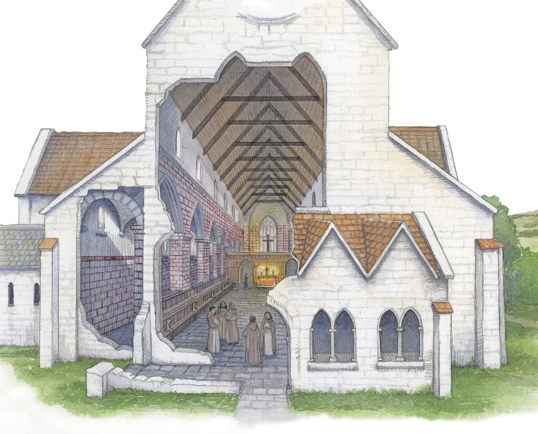 Illustration showing how the abbey might have looked in the early 1200s. It depicts a much smaller and simpler building than is at Melrose today, more like a church than an abbey. 