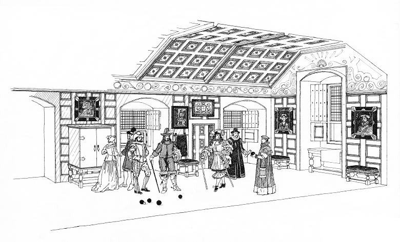 A black and white illustration of a number of well-dressed men and women, perhaps including the 8th Earl of Morton, walking in an ornately decorated gallery. Some of the men appear to be playing a game of bowls. There are decorated panels on the ceiling and portraits on the walls.