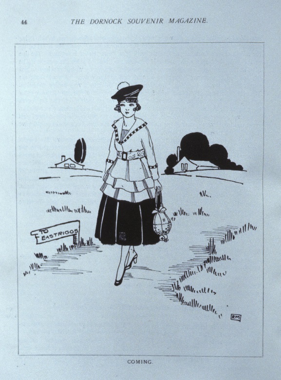 An archive cartoon captioned "coming". It shows a well dressed young lady walking down a country road with a signpost reading "to Eastriggs". 