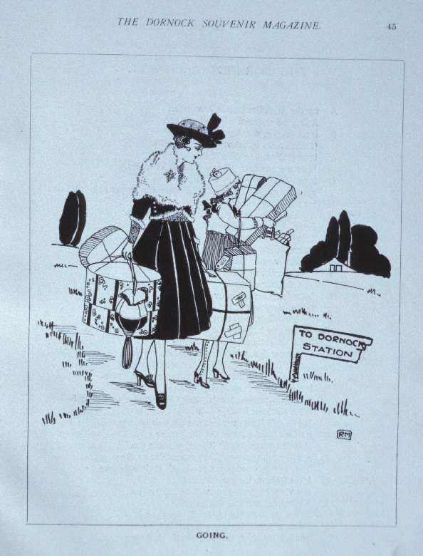 A cartoon titled "going" showing a well-dressed woman and a servant on the road to a railway station laden with expensive belongings including a fur coat and hat boxes. 