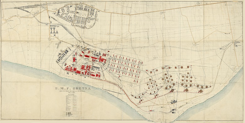 An archive map showing a large coastal factory complex 