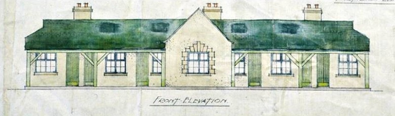 Sketch showing the front design of a building. It's a long, low, single storey building, resembling stables or even a motel. In the middle is a central area with a gable. Stretching out symmetrically either side are a series of doors and windows. It has a green roof and green doors.