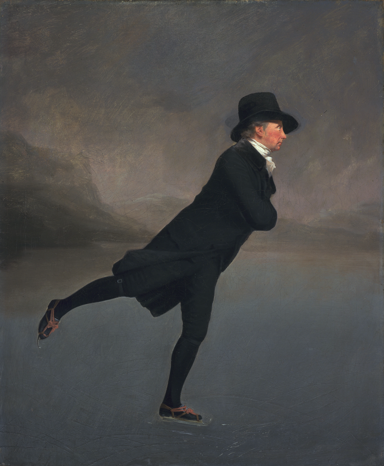 A painting of a Victorian man wearing a knee-length black coat, black fitted trousers and a top hat. He's skating across a frozen loch and there's a soft focus background that looks like misty hills and cliffs.