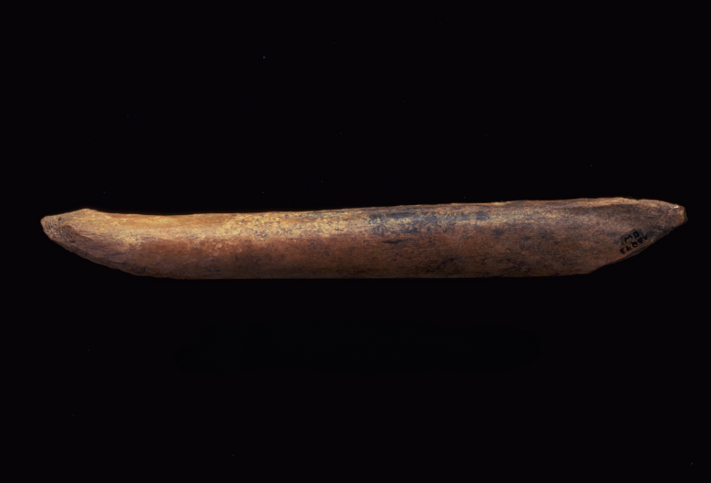 A long piece of bone against a black background. It is slightly wider on the right hand side and has been shaped slightly into the shape of a skating blade.