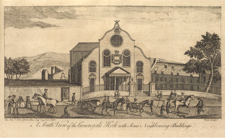 The entrance of the church is on its gable end and it is a distinctive shape with a scrolled roofline, reminiscent of Dutch buildings. The scene includes people in 18th century dress in front of the church and horses.