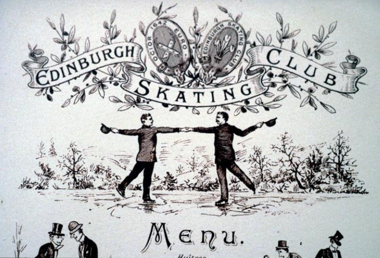 A black and white illustration to decorate the top of a menu. It depicts two men skating holding hands. In their free hand each man holds his bowler hat, as if removing his hat in greeting. There is a fancy banner which reads "Edinburgh Skating Club Menu" and features the club coat of arms: a crossed pair of skating blades.