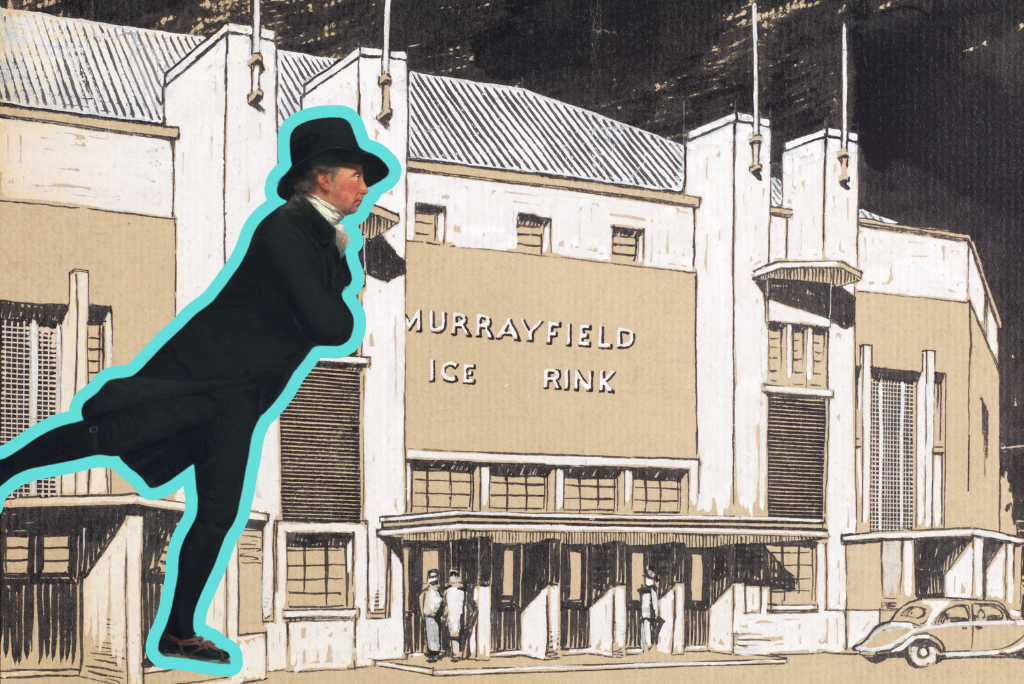 Painting of a man skating in Victorian clothing - long black coat, trousers and a top hat. He's outlined in turquoise. In the background behind him is an architectural drawing of Murrayfield Ice Rink from the 1930s, with people wearing 1930s clothing and 1930s cars.