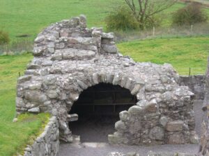 Vault with carved stones at Orchardton Tower, there is grass in the background.