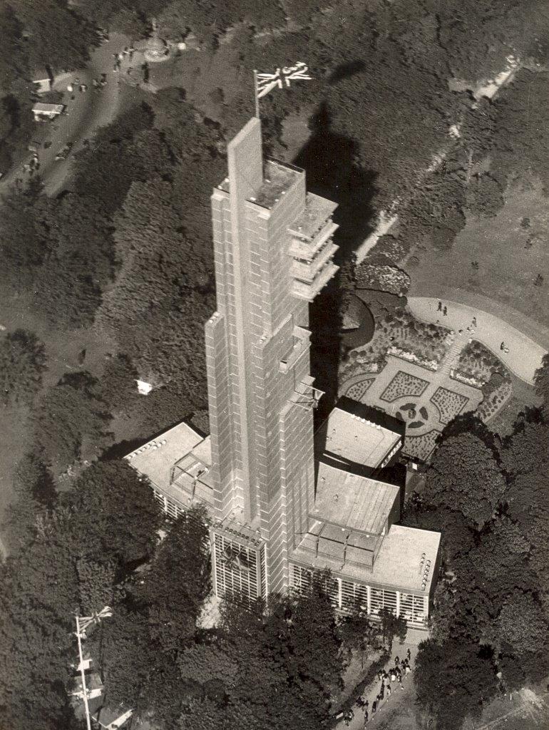 Aerial archive image of Tait tower amongst trees.