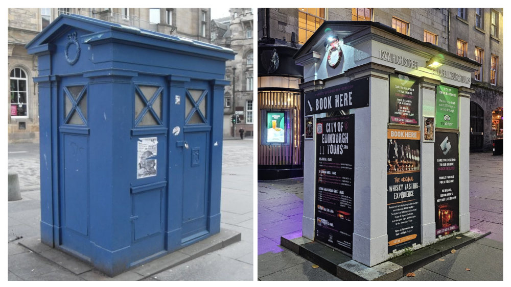 A landscape image of two photographs, showing the same police box. On the left, the police box remains in its original state and blue. On the right, a photo shows the police box as an Edinburgh tour booking station.