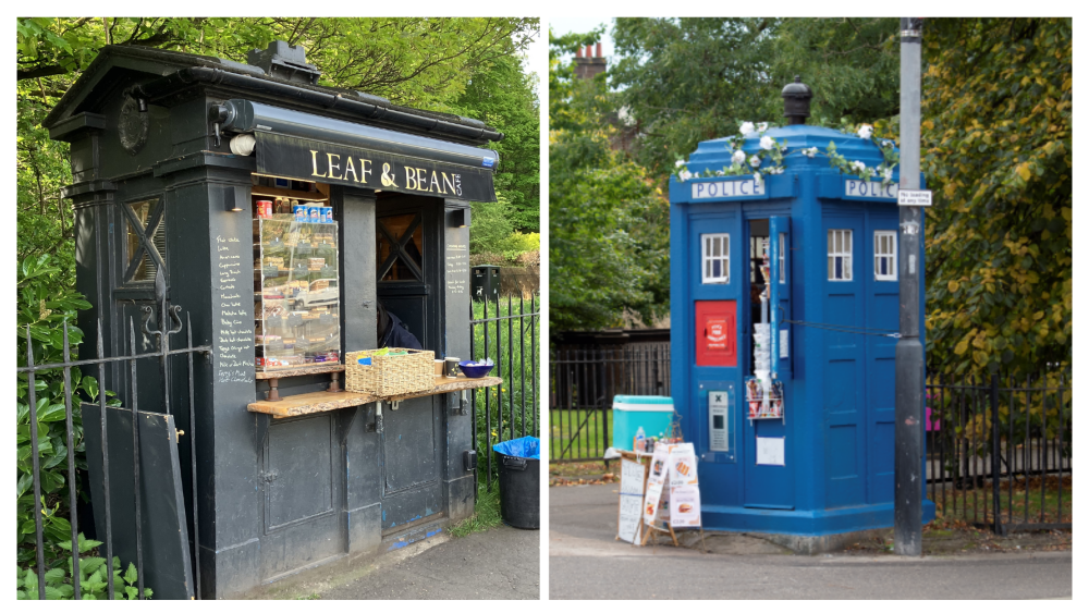 Landscape page, split into two images. On the left there is the 'leaf and bean' cafe in Edinburgh, which is an old police box painted black. on the right, an image shows a blue police box, being used as a pop up cafe.