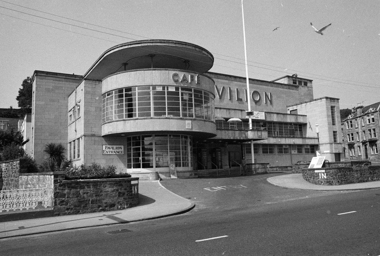 Black and white archive image of Rothesay Pavilion. It has a round tower detail. 