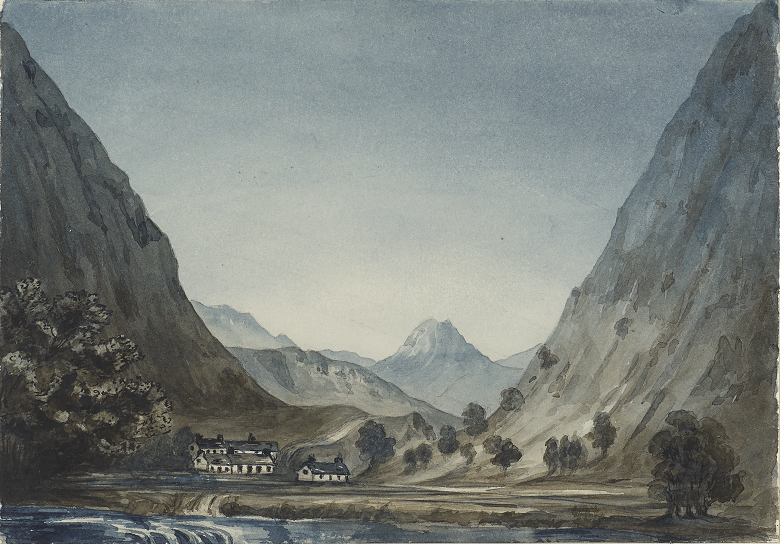 A watercolour of a dramatic glen with towering mountains on either side. A village sits in the foreground dwarfed by the giant mountains.