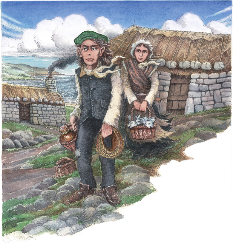 A watercolour illustration. A man and woman stand in front of a traditional blackhouse - a low thatched cottage. The woman carries a bucket of fish. The man wears a green hat and holds a pot and some rope. They don't look quite human. They only have one nostril.