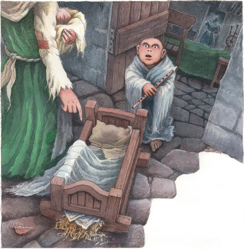 A watercolour of an empty cradle with a small-childlike figure standing beside it grasping a whistle. It is a changeling. Beside is a fairy-woman with her back to us. She is carrying a human baby and pointing to the changeling to get into the cradle. In the next room the baby's mother has her back to the scene.