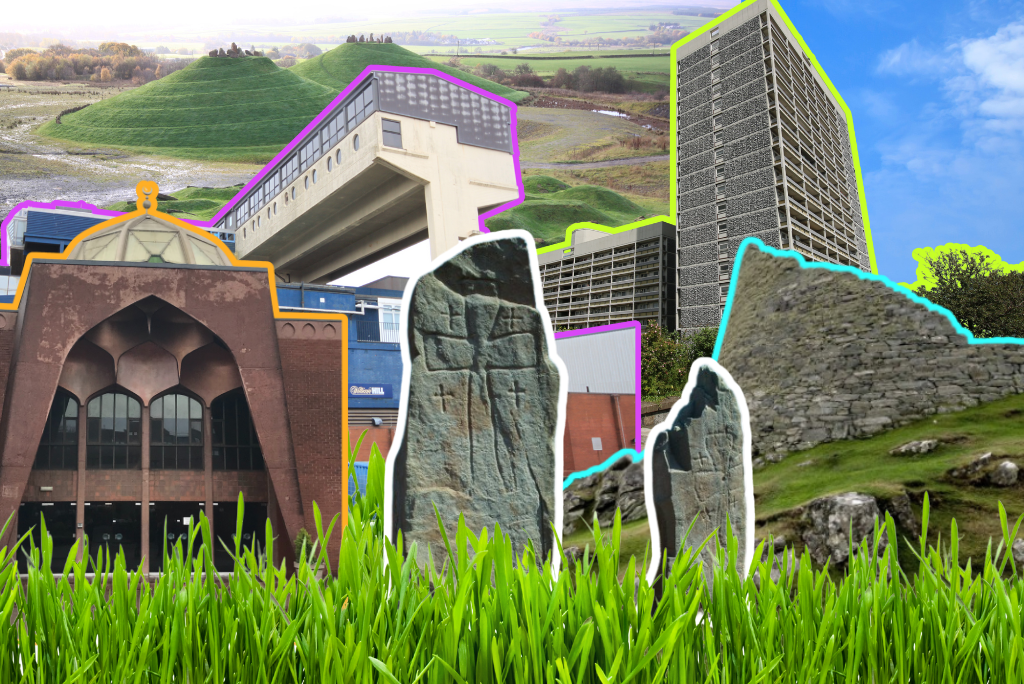 A collage of buildings and places that have been considered by our designations team. This includes brochs and standing stones, Cumbernauld town centre, high rise flats and Crawick Multiverse