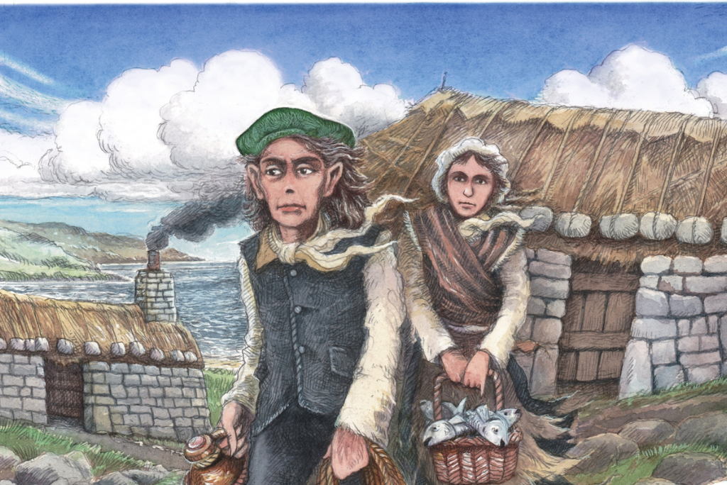 A watercolour illustration. A man and woman stand in front of a traditional blackhouse - a low thatched cottage. The woman carries a bucket of fish. The man wears a green hat and holds a pot and some rope. They don't look quite human. They only have one nostril.