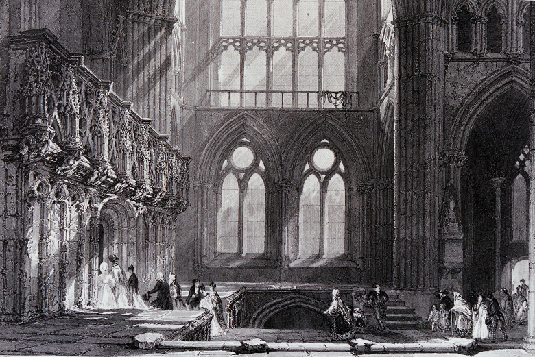 A black and white engraving showing a group of worshippers approaching an altar. Light streams in through large clear glass windows which are in gothic arch frames.