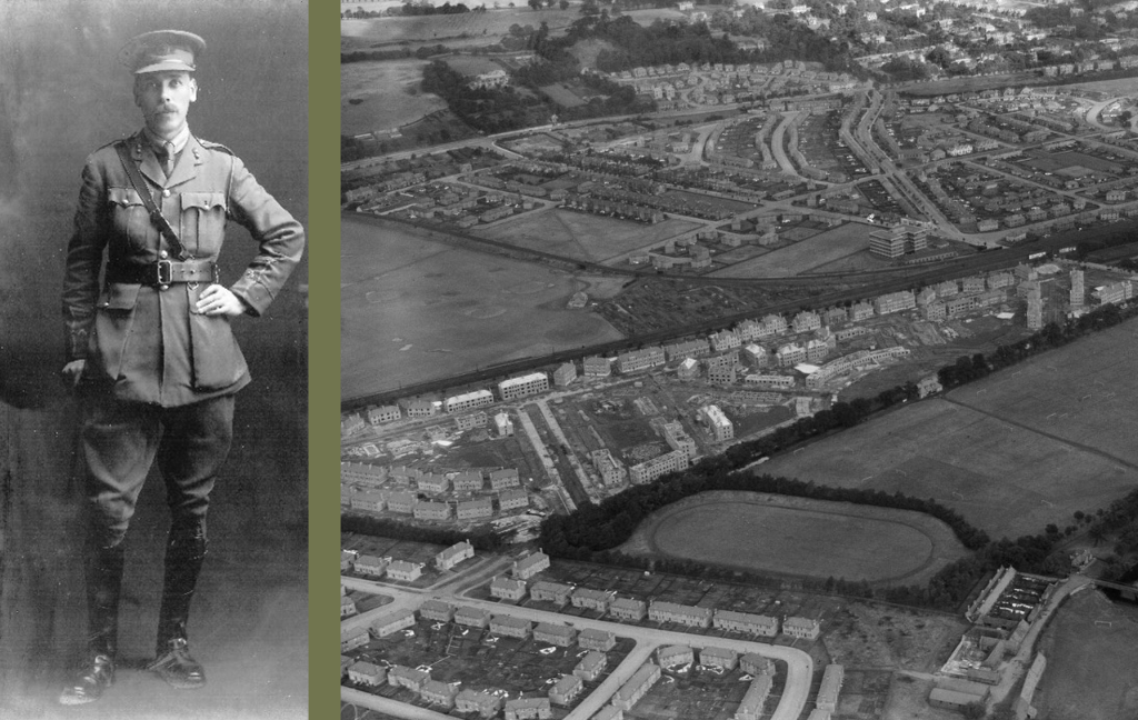 black and white archive photo of MacRae next to an aerial photo of Whitson (Saughton Golf Course) being built