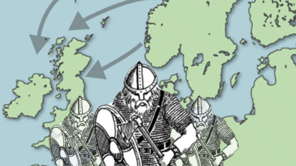 Three Vikings, in armour, are facing forward. In the background is part of the world map, with arrows from Scandinavia to parts of North Britain.