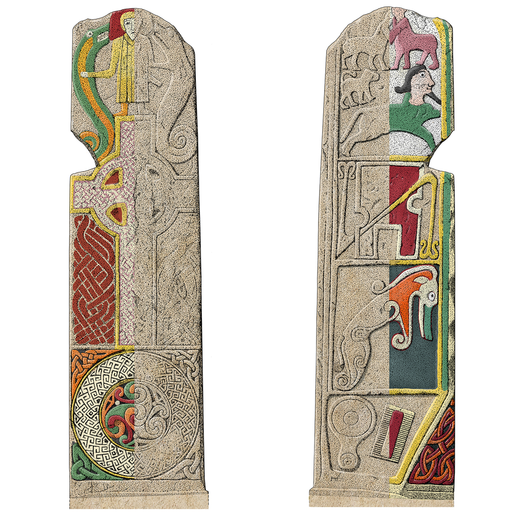 side by side sketches showing the front and back of the maiden stone 
