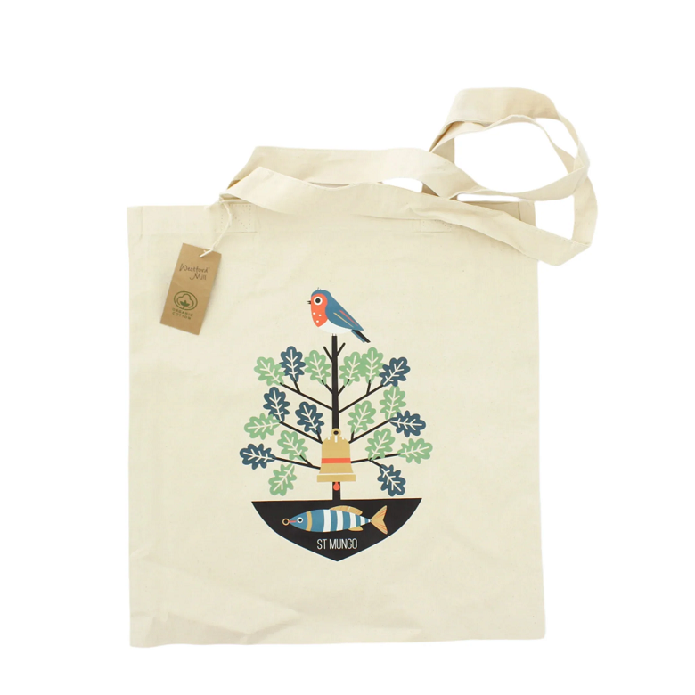 A tote bag featuring a stylised depiction of the Glasgow coat of arms with a robin, tree, bell, fish and ring.